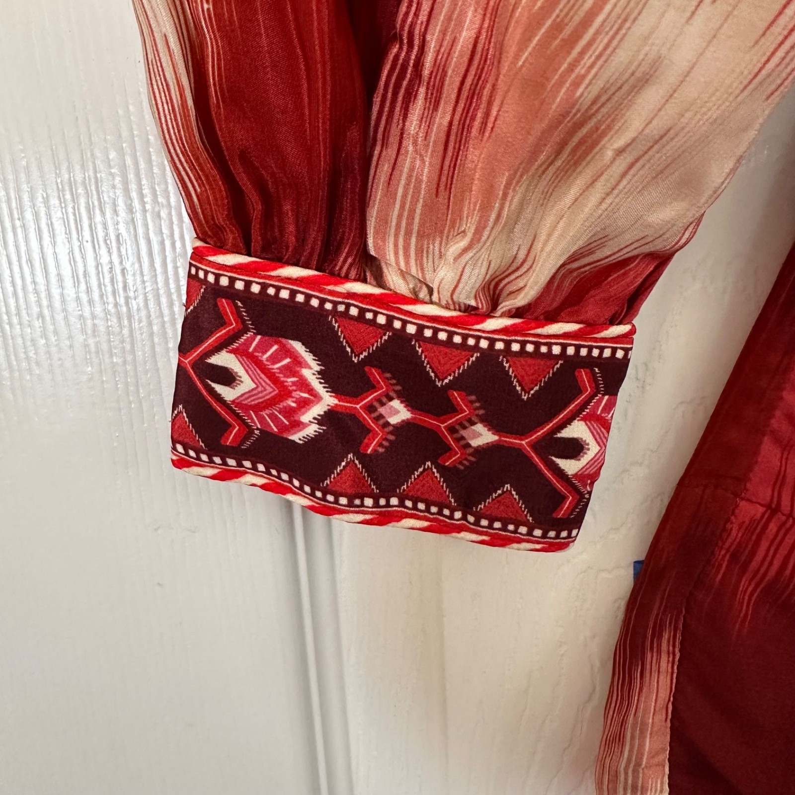 Farm Rio Ikat Boho Quilted Embroidery Puff Sleeve Mini Dress Size S Festival 70s