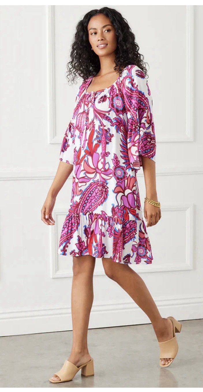 Pink Purple White Floral Knee Length Shift Dress, Flared 3/4 Sleeves Scoop Neck