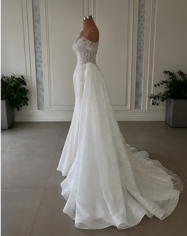 Beaded Mermaid Wedding Dress Detachable Overskirt Sparkly Bridal Gown Train
