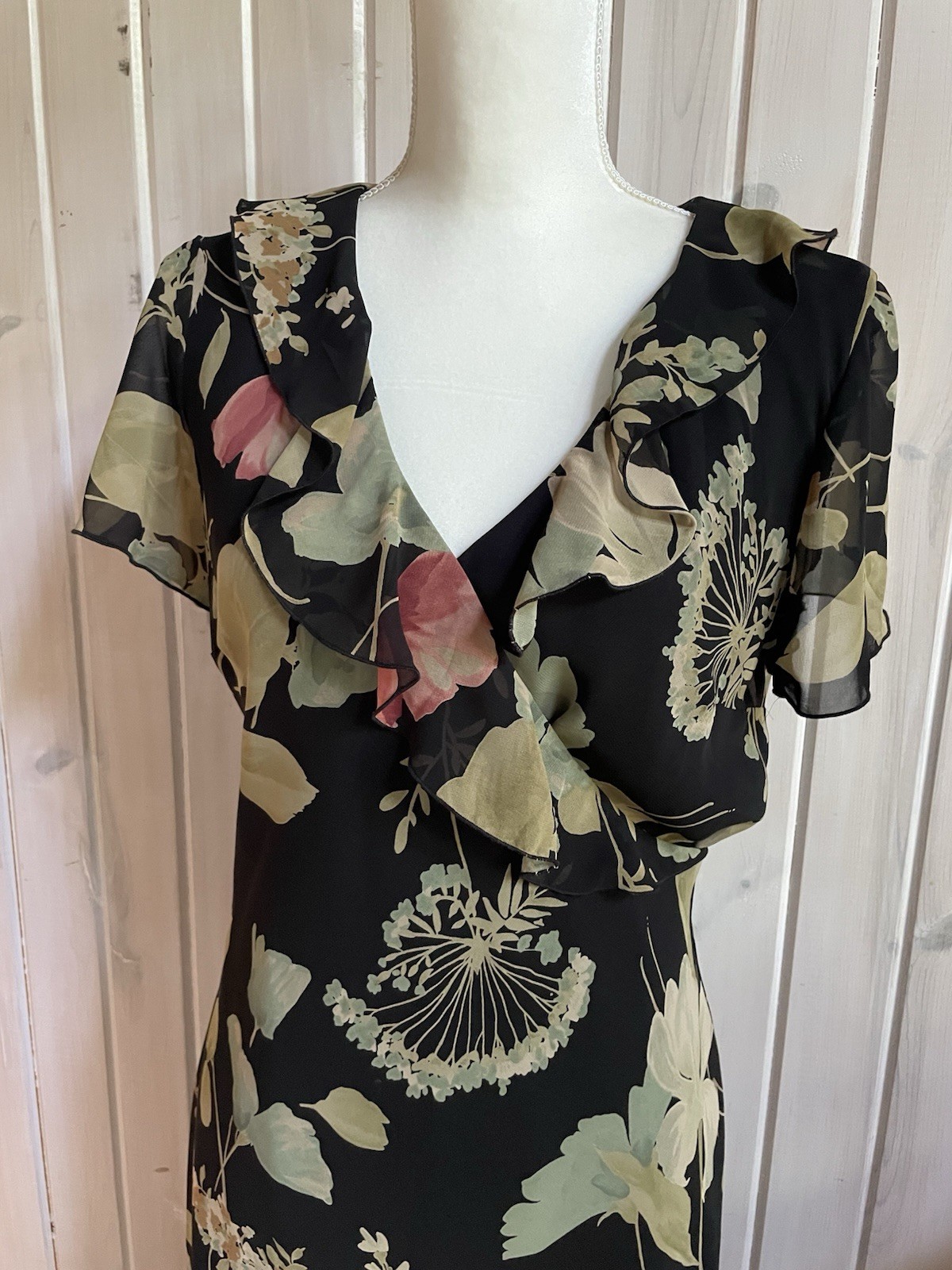 Y2K David Warren Women Maxi Chiffon Dress 10P Black Floral Ruffled Neckline