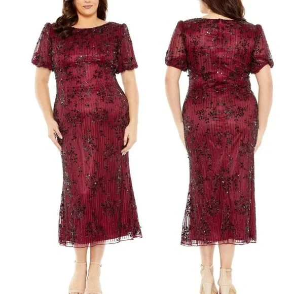 Mac Duggal Burgundy Red Black Embellished Tulle Puff Sleeve Midi Dress 18W $598