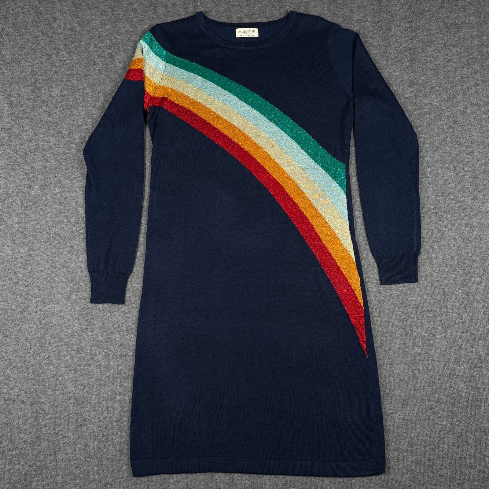 Sugarhill Brighton Sweater Dress Womens US 8 Blue Rainbow Glitter Long Sleeve