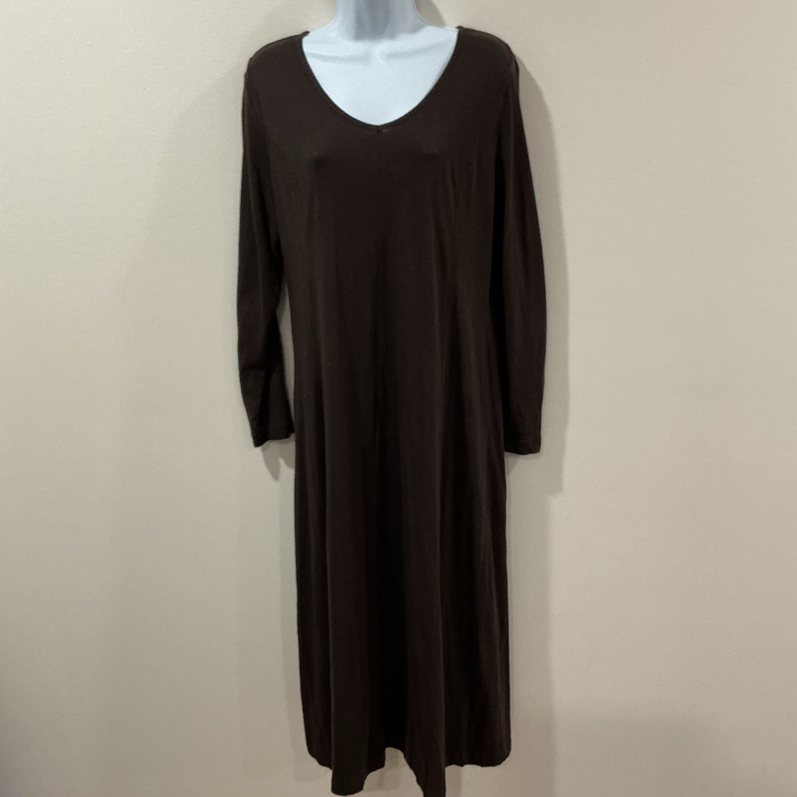 J Jill Maxi Dress Brown Knit Long Sleeve Minimalist Lagenlook Size Medium