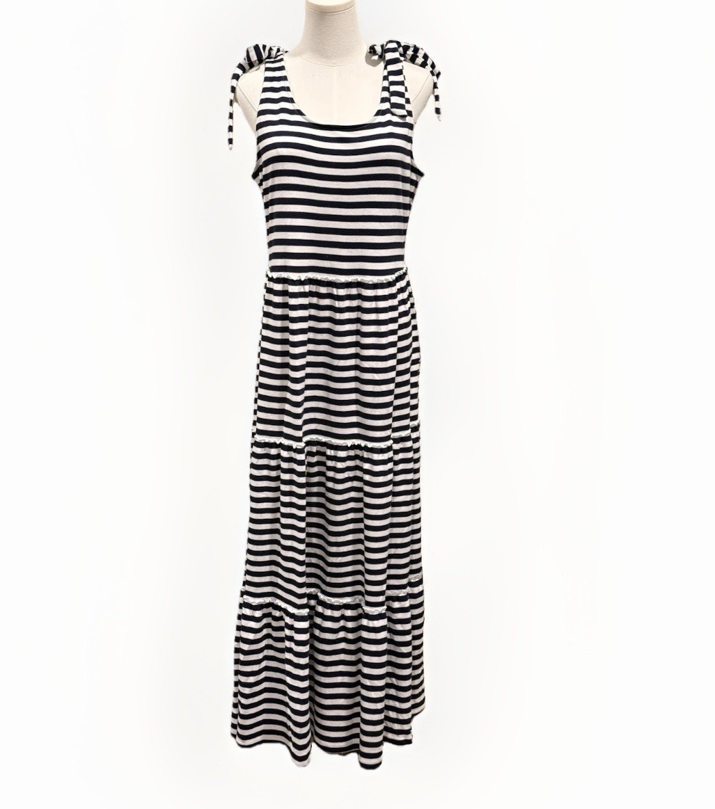 Sweet Magnolia Women’s Size Blue Soft Knit Striped Bow Tiered Maxi Dress L NWOT