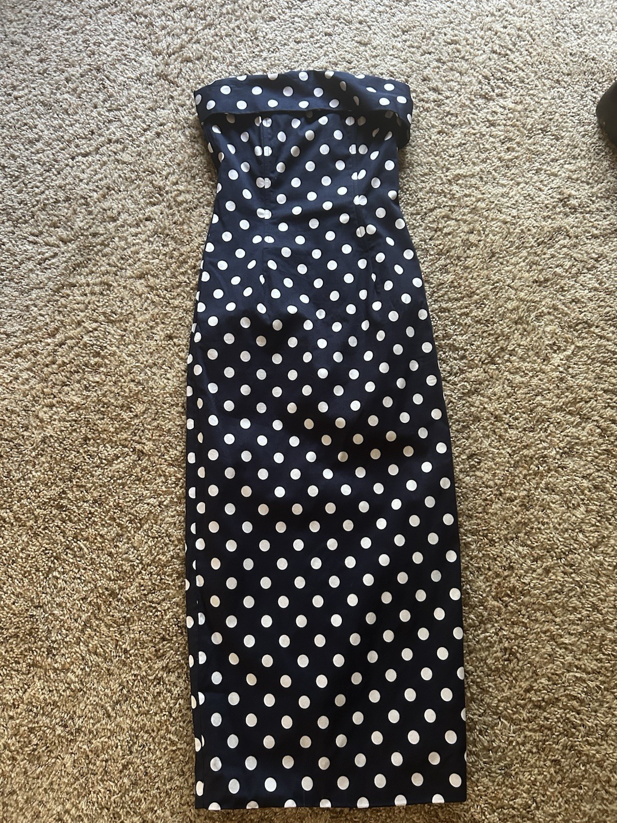 Boutique Navy Blue & White Polka Dot Strapless Sheath Maxi Dress Sz S (fits XS)