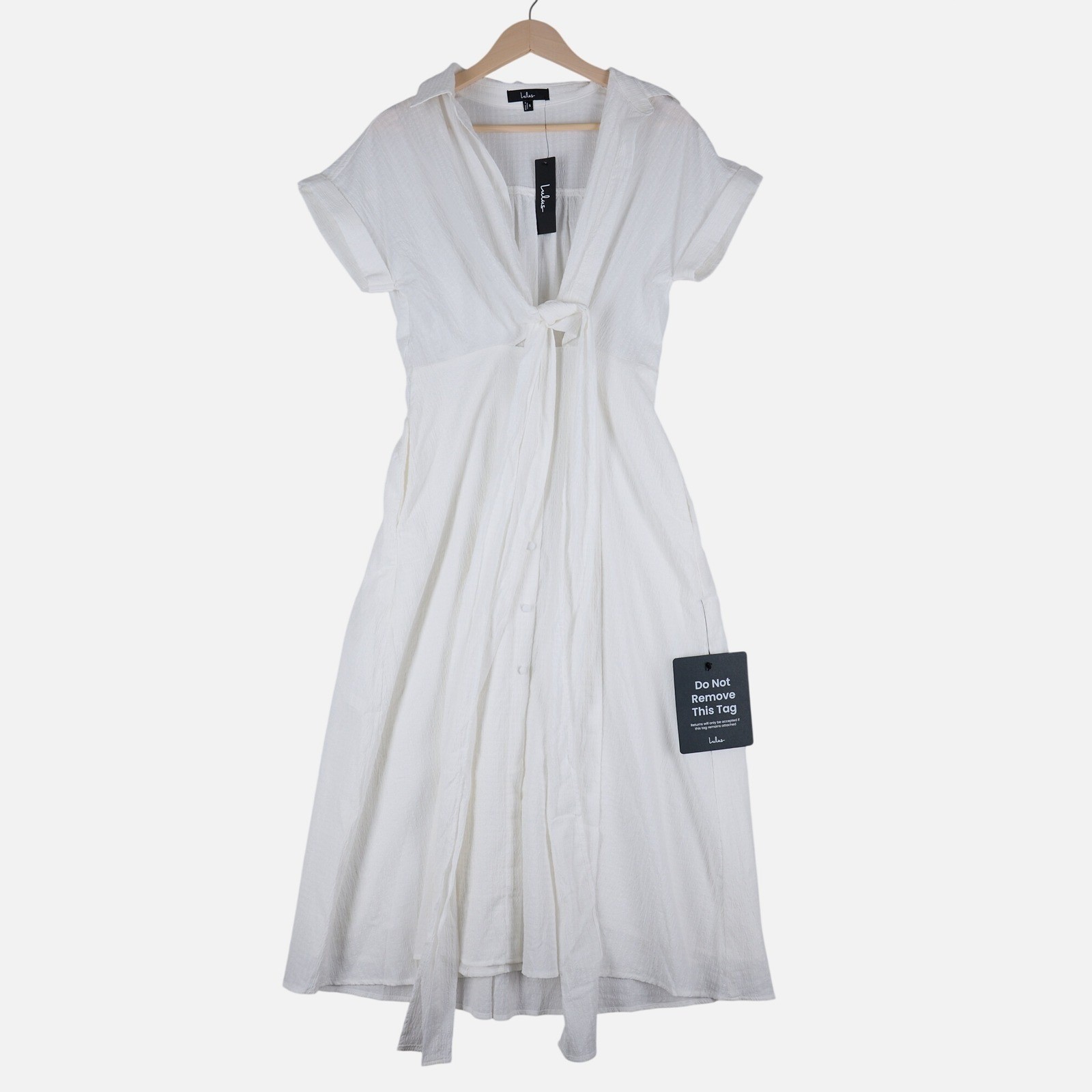 Lulus White Tie-Front Seersucker Midi Dress Short Sleeve Button Front Womens S