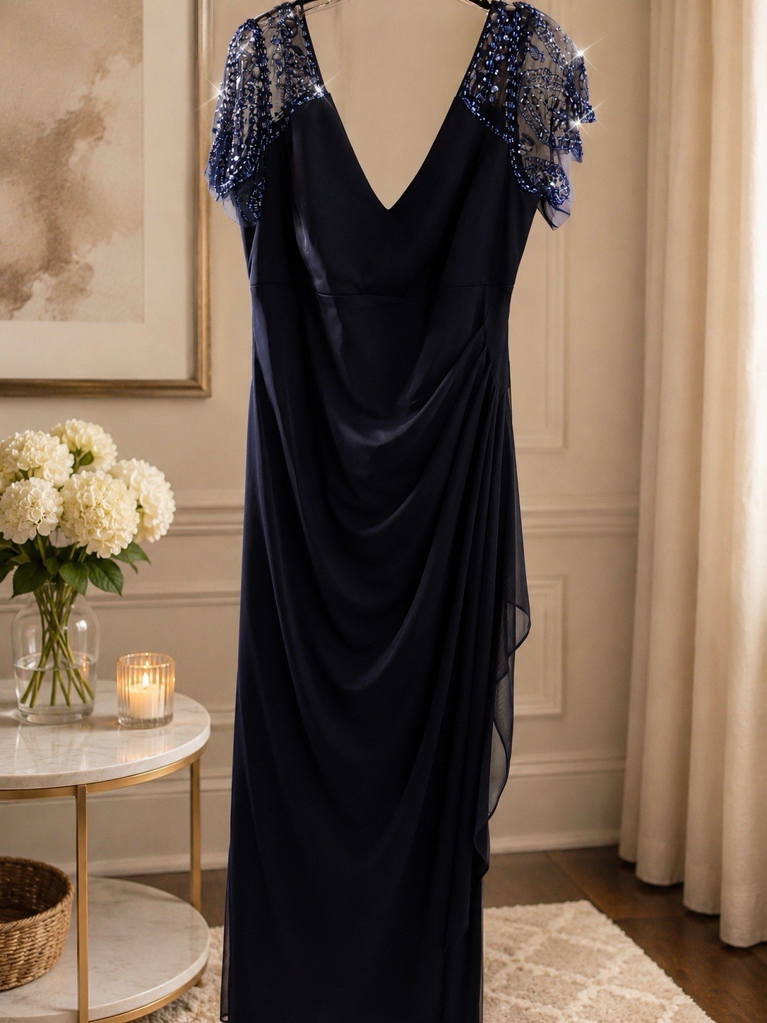 Xscape Navy V-Neck Beaded Draped Chiffon Flutter Sleeve Long Gown Size 14