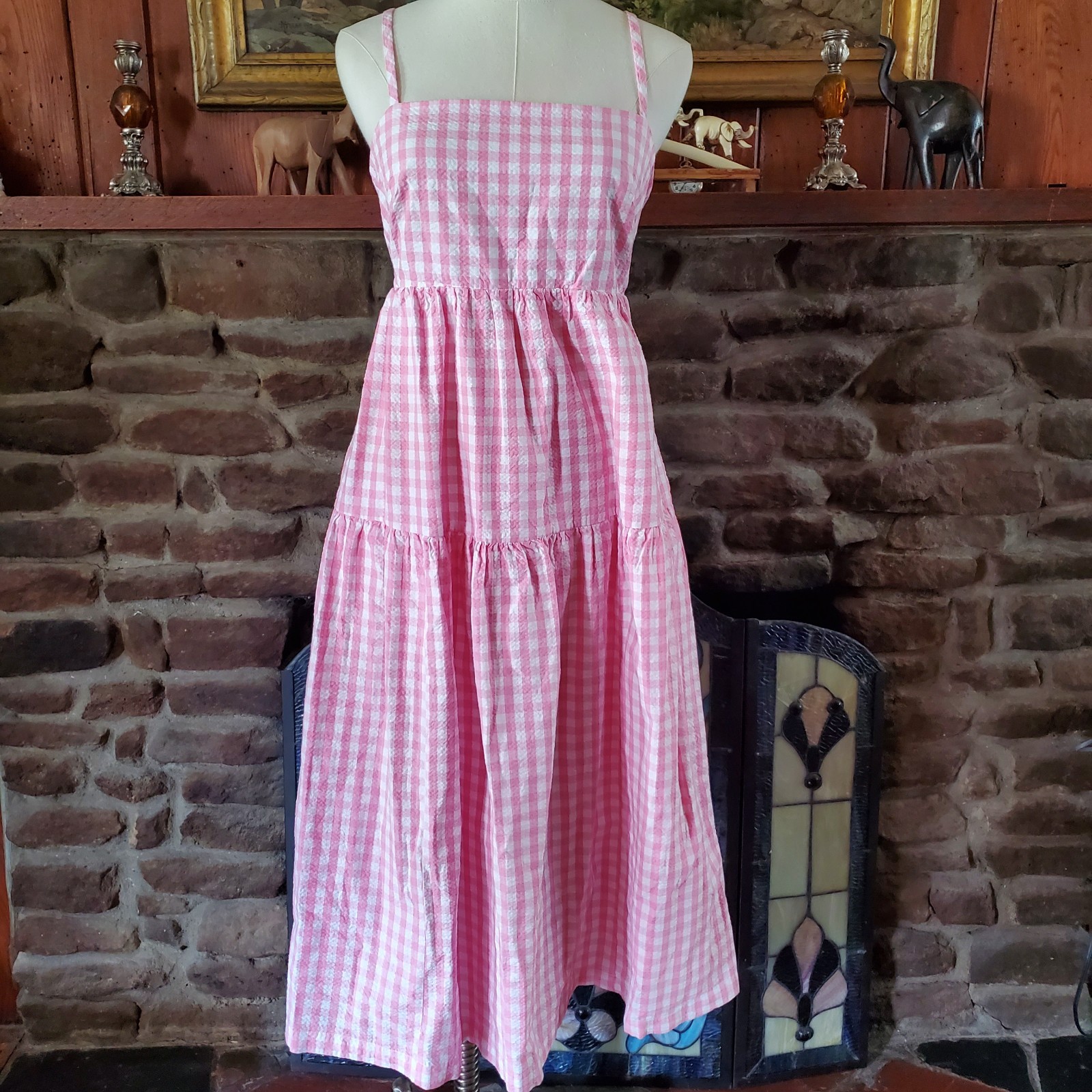 Vintage Cotton Seersucker Midi Dress Lined Summer Modest Cottage Pockets Small