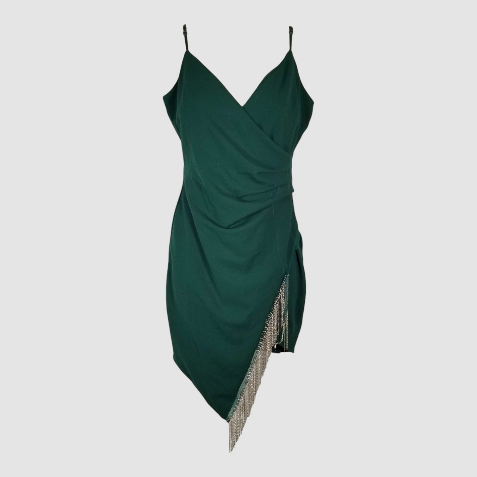 Emerald Sundae Women Green Sleeveless V-Neck Rhinestone Fringe Dress Size M