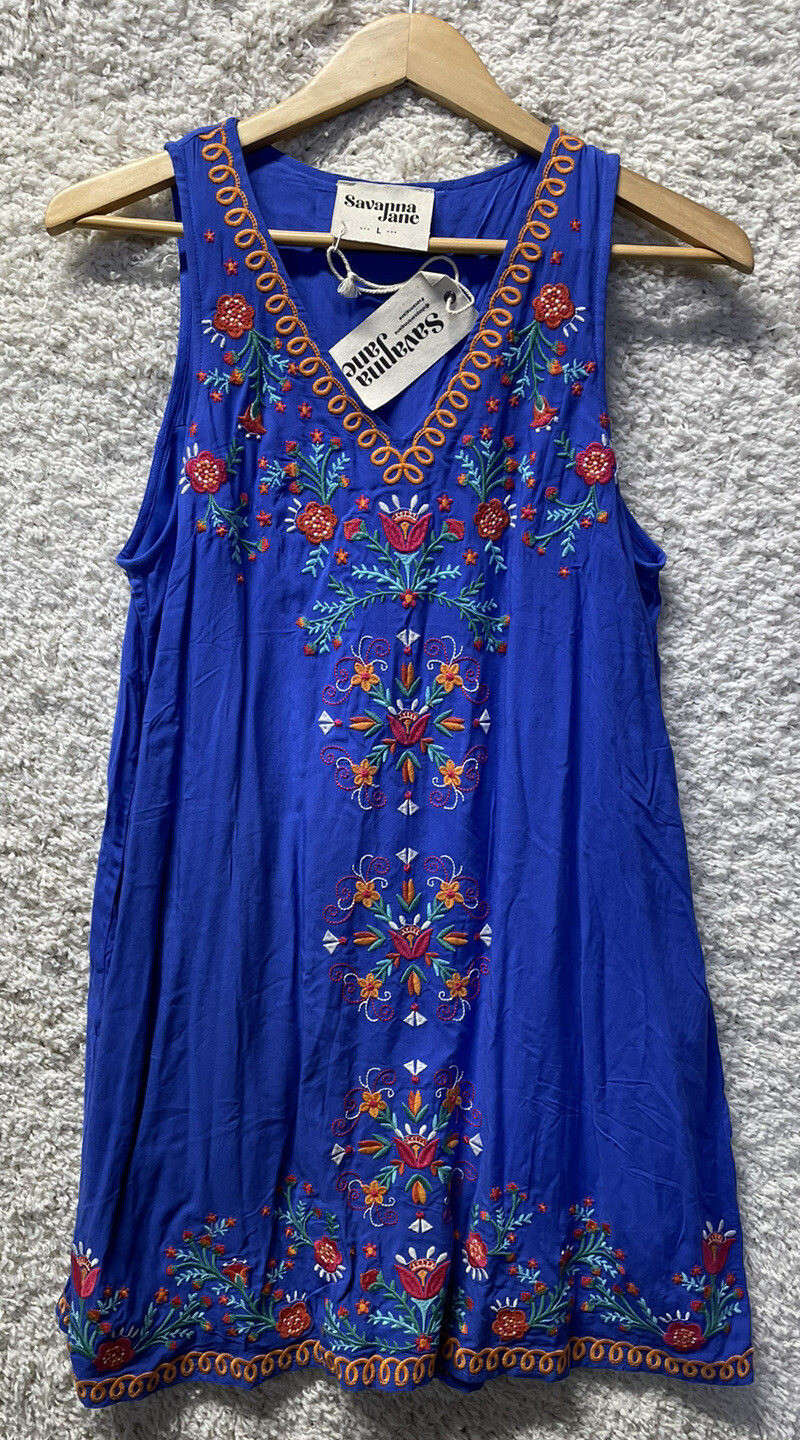 Savanna Jane Womens Bohemian Embroidered Dress Size Large Blue Sleeveless