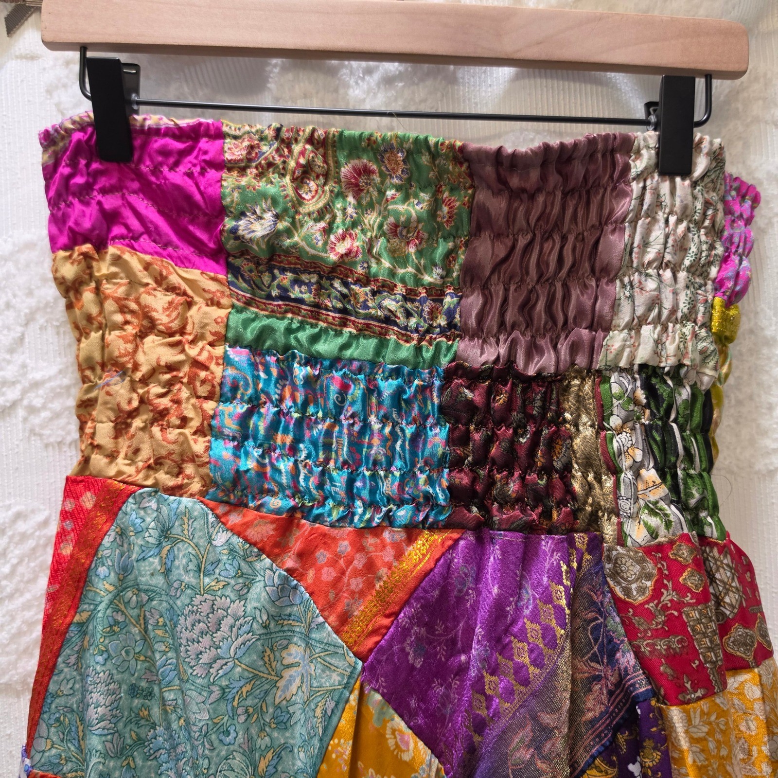 Boho Patchwork Strapless Smocked Midi Dress Multi Color Silk Blend Floral Skirt