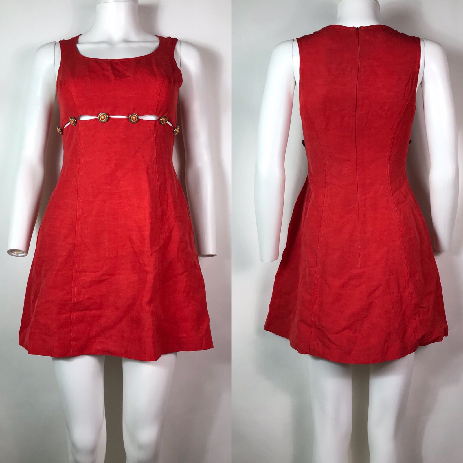 Vtg Gianni Versace 90s Red Cut Out Medusa Button Mini Dress XS