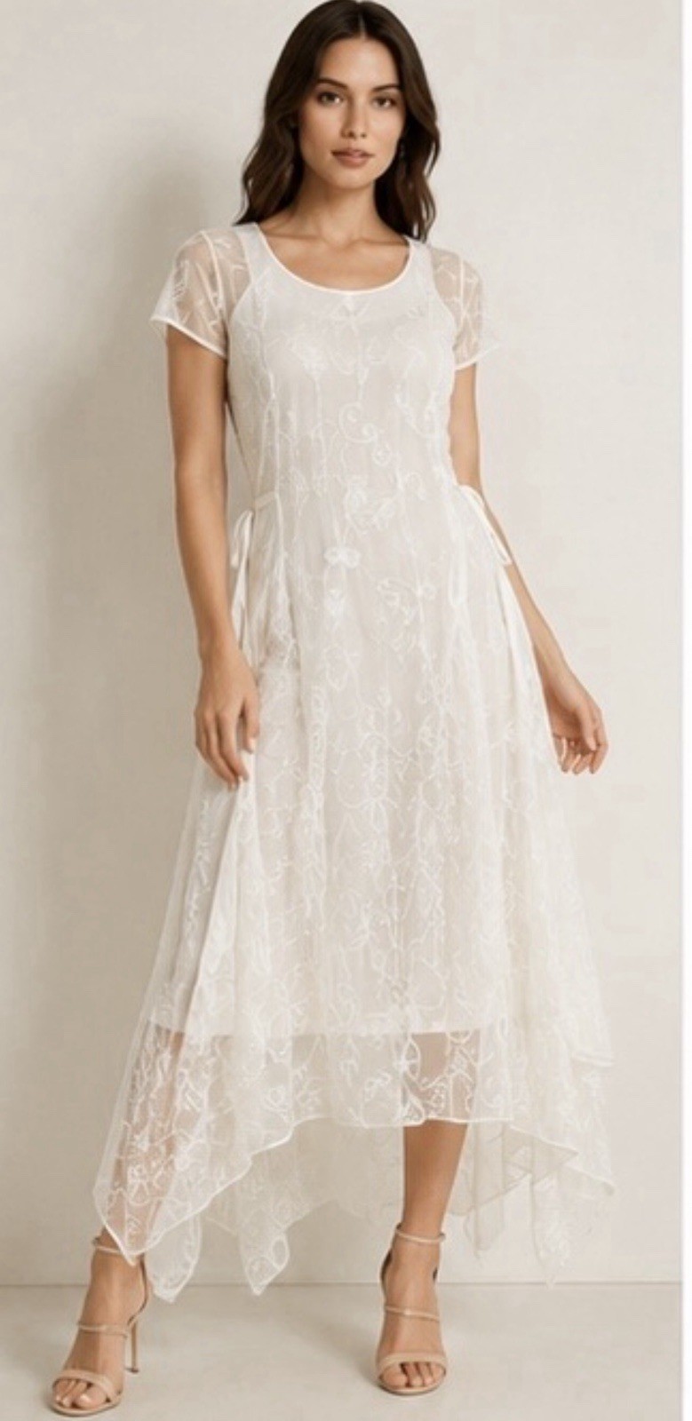 Nostalgia Women’s White Embroidered Sheer Overlay Midi Dress Size M Vintage Boho