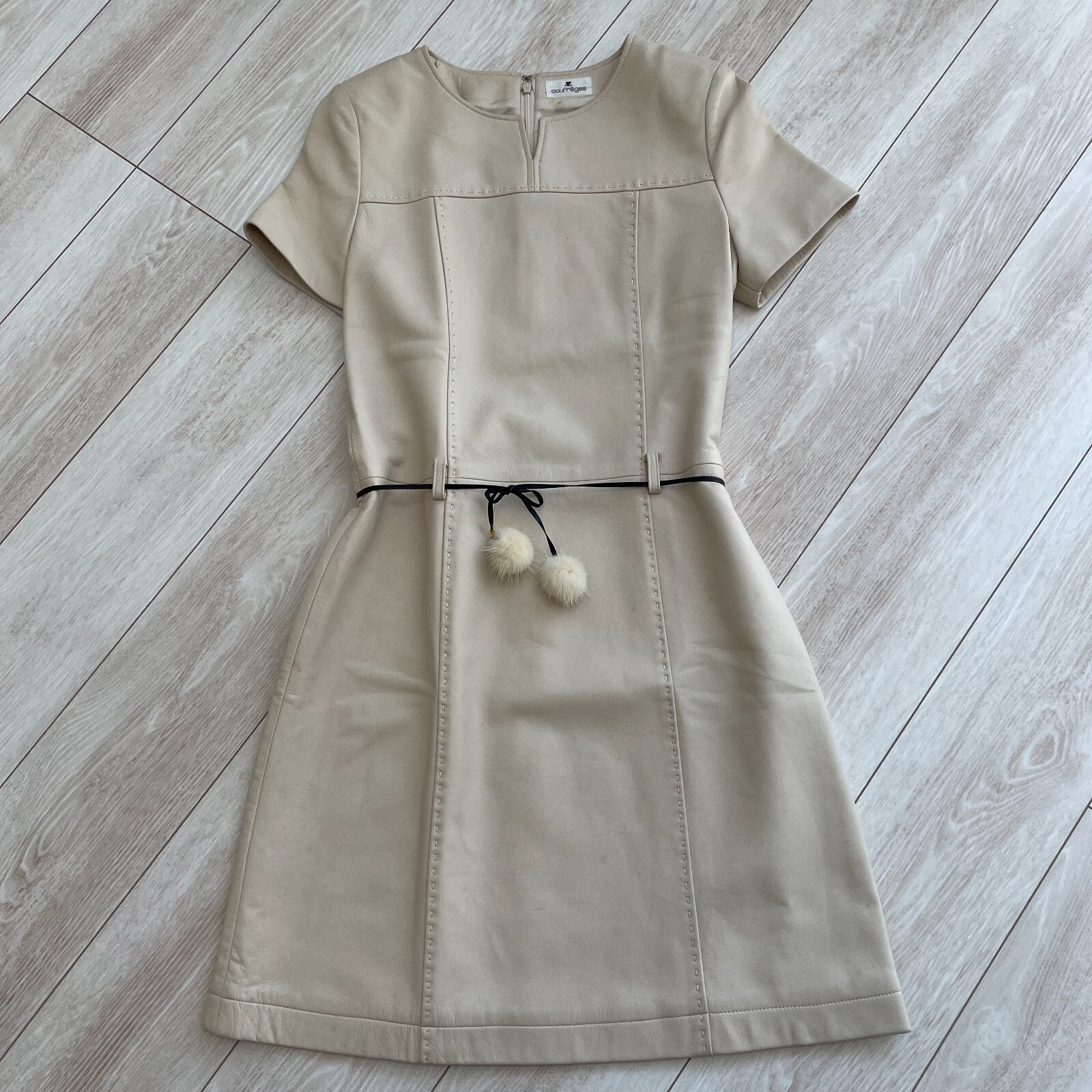 Courreges Sheepskin Lamb Leather Dress Beige Zip Woman Size L US/S-M Japan Rare