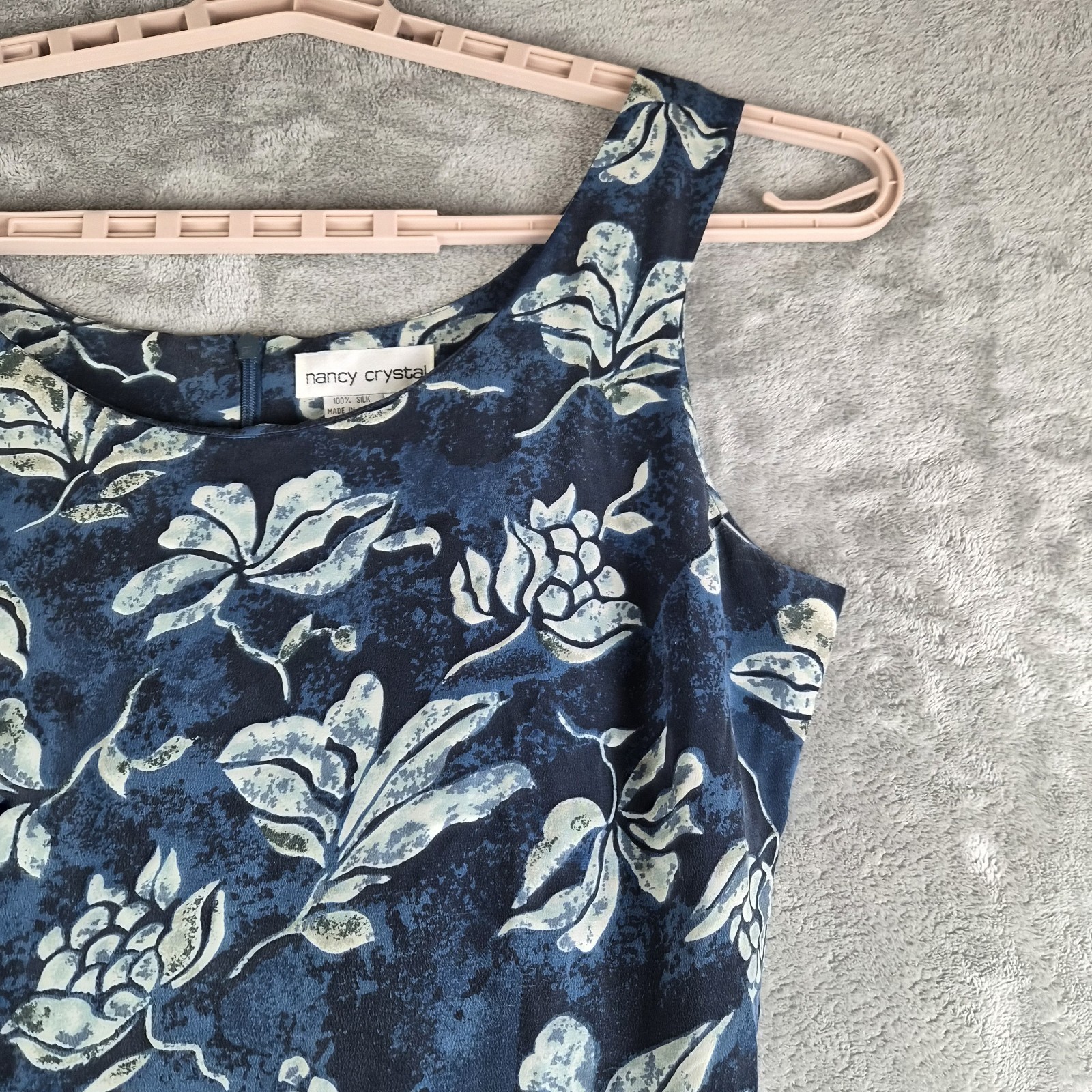 Nancy Crystal Midi Dress Medium Navy Blue Floral Silk Sleeveless Event Party
