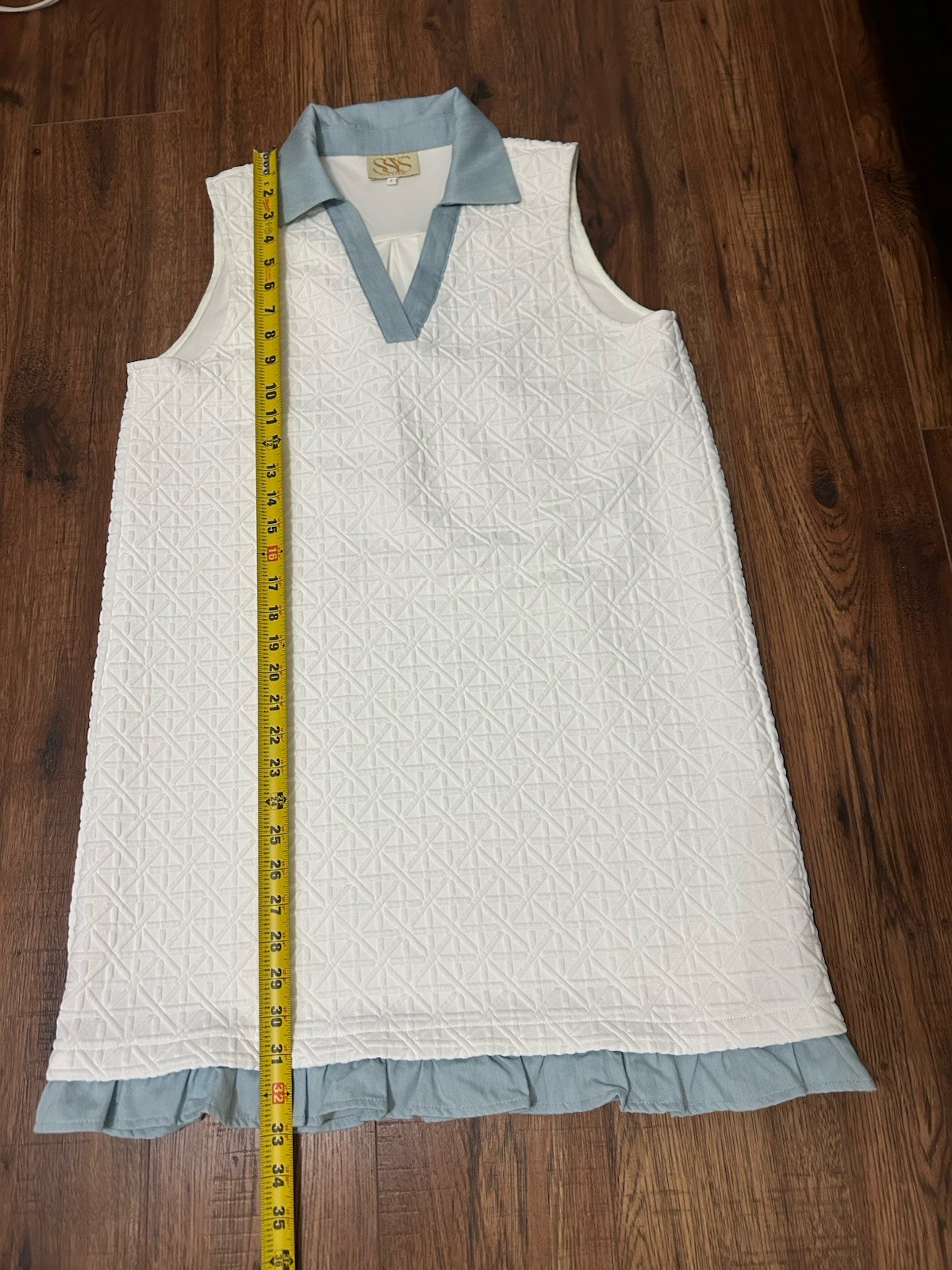 SSYS The Label White Blue Textured Collared Shift Dress Ruffle Hem Sleeveless S