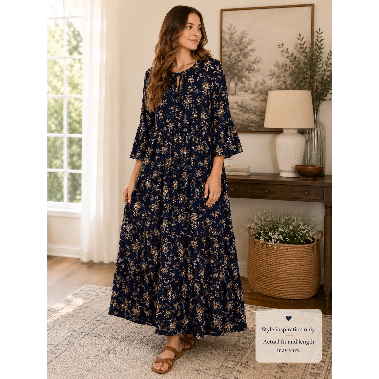 VIISHOW Women Medium Navy Floral Tiered Maxi Dress Boho Oversized Bell Sleeve