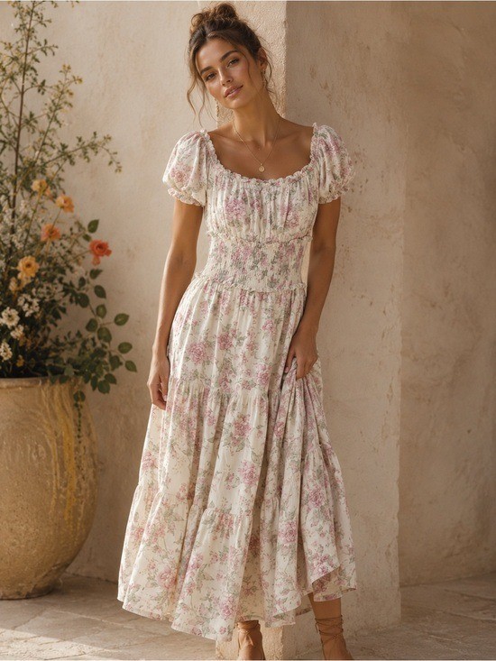 Trixxi Cream & Pink Floral Milkmaid Smocked Tiered Cottagecore Maxi Dress XL