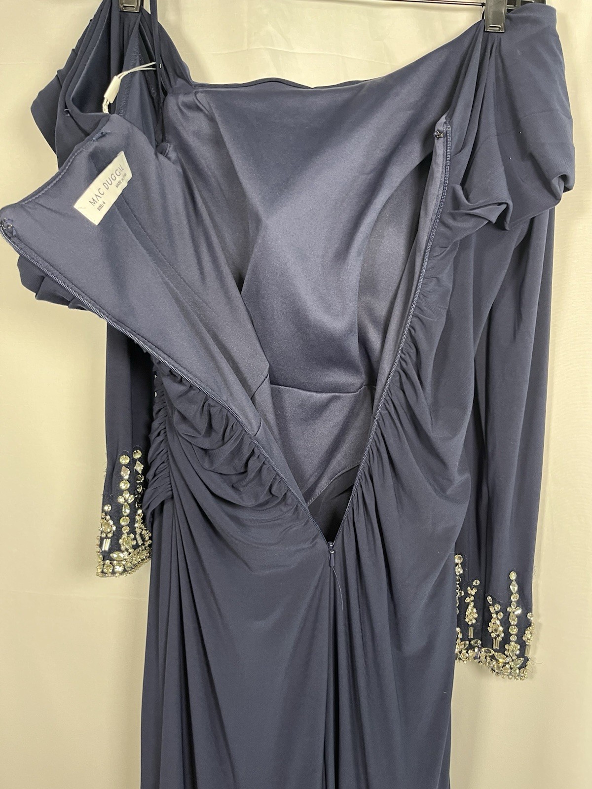 Mac Duggal Beaded Cuff Drop One Shoulder Jersey Ruched Side Slit Gown Sz 4