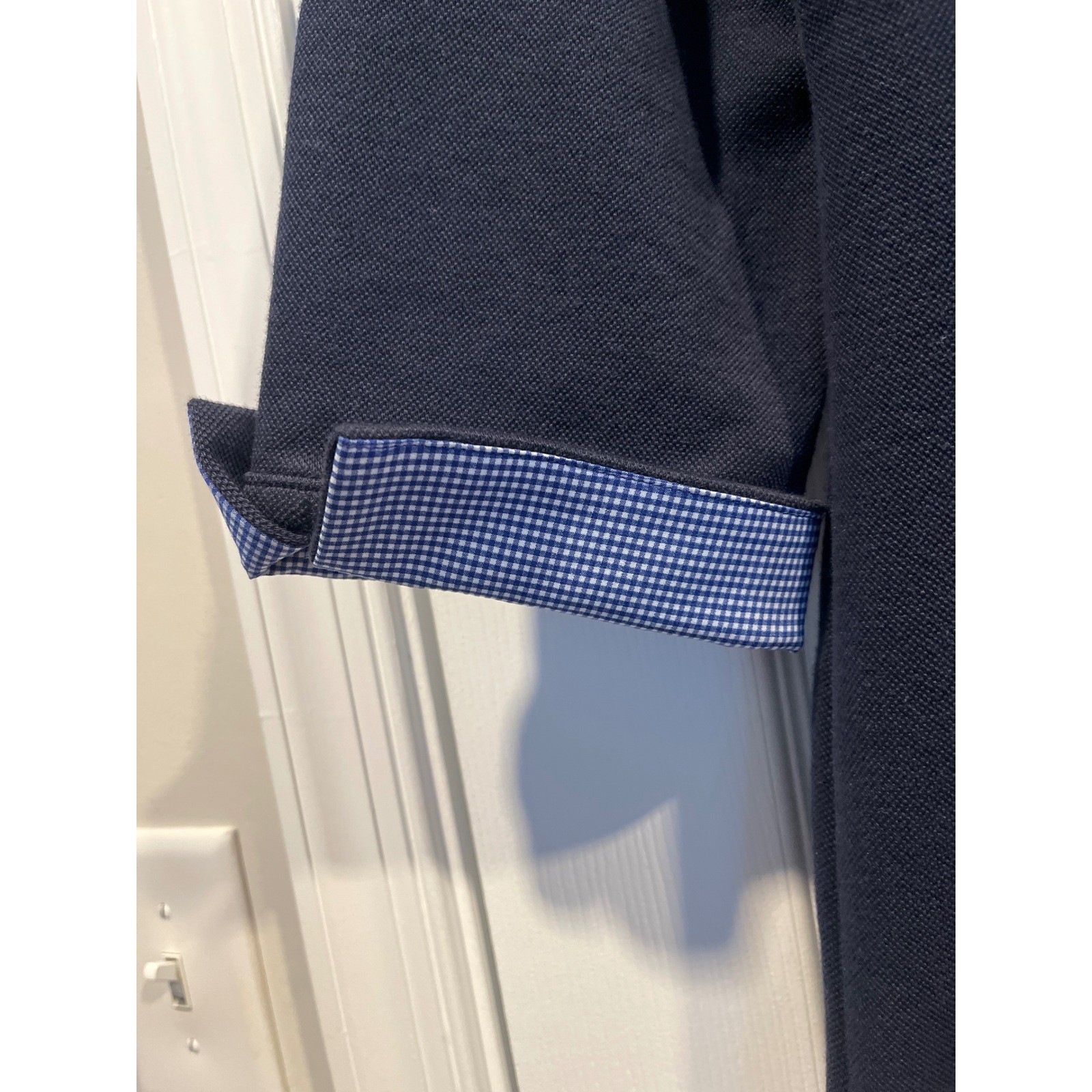 Talbots Navy Blue Gingham Trim Pique Polo Dress 3/4 Sleeve L