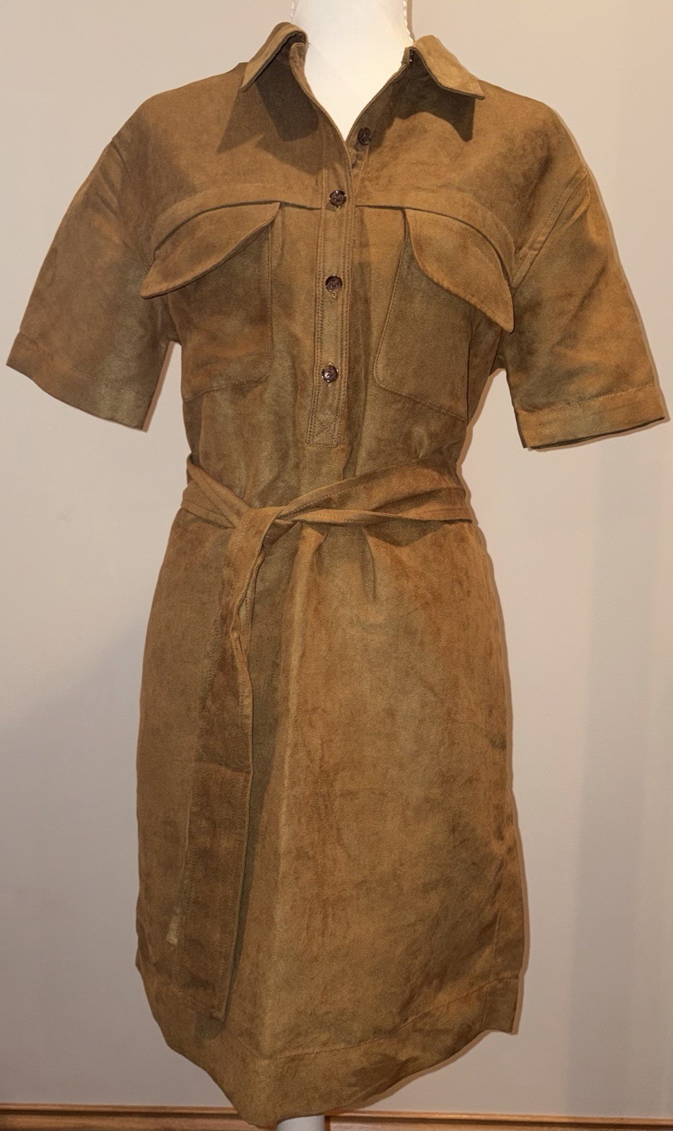 Banana Republic Brown Vegan Suede Shirt Dress Collared Button Belted, S