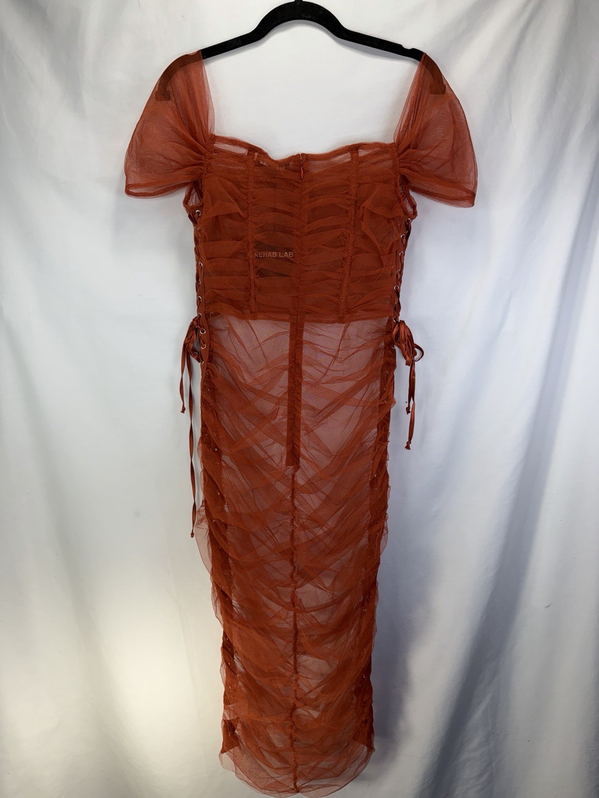 Rehab Lab Sheer Ruched Rust Midi Dress Sz L Tie Up Sides Stretchy Festival Party