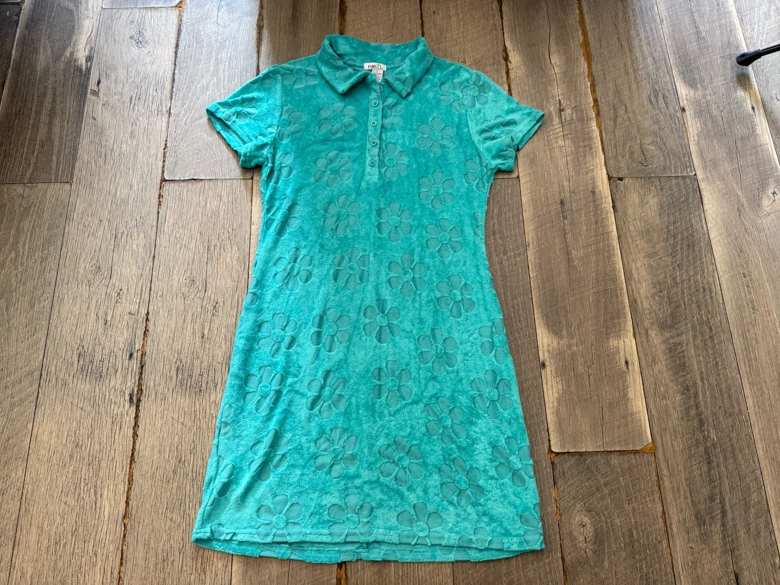 NWT rue 21 Turquoise flowered terry cloth shirt dress size L