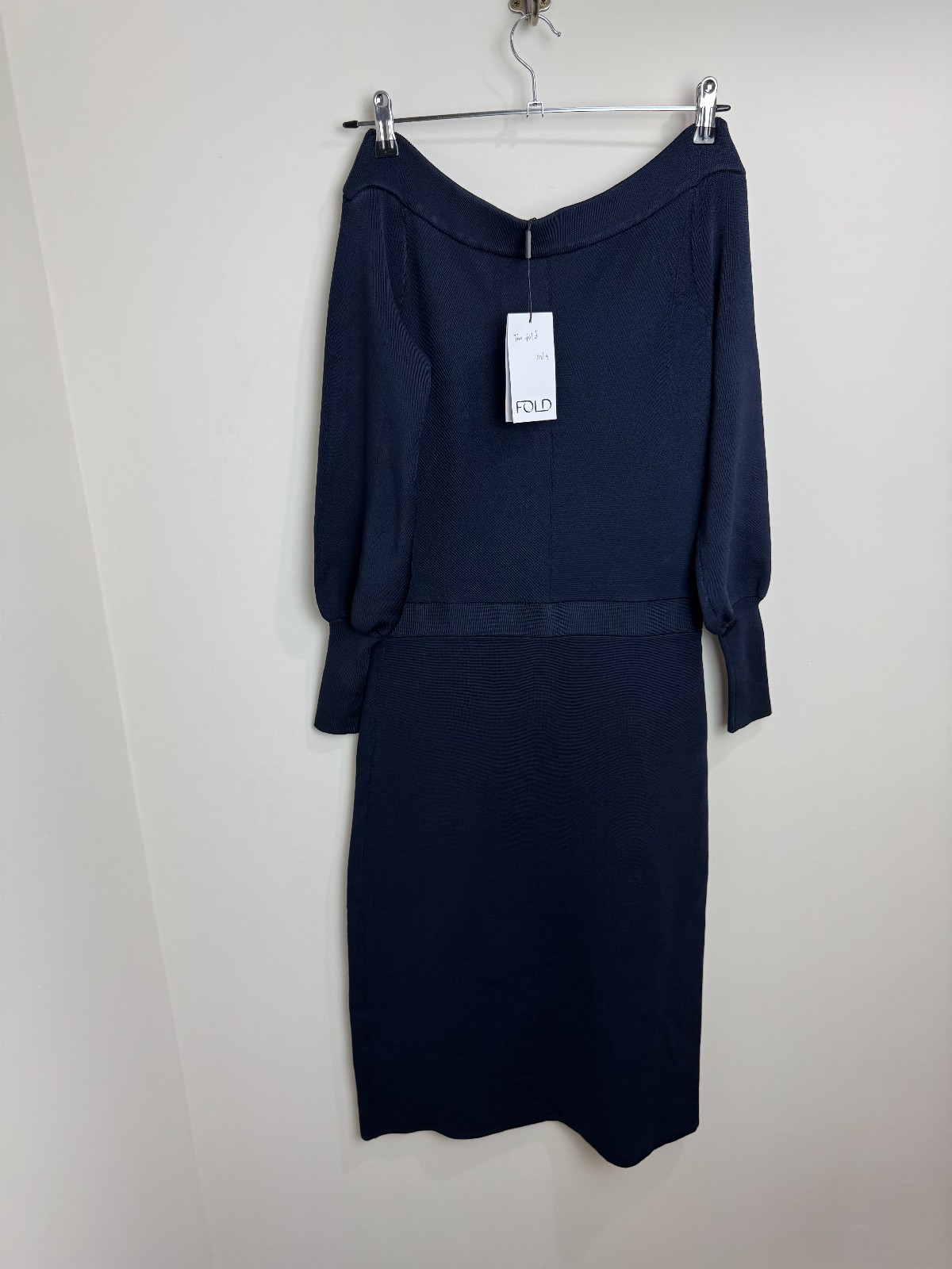 The Fold Toulouse Midi Dress Size M Navy Blue Bardot Neck Knit Career City