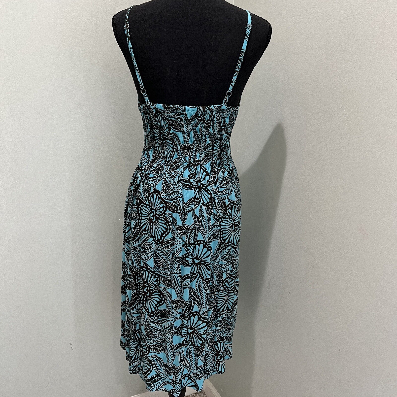 Piramide Clothing Company Handmade Teal & Brown MIDI Dress 100% Rayon Sz M EUC