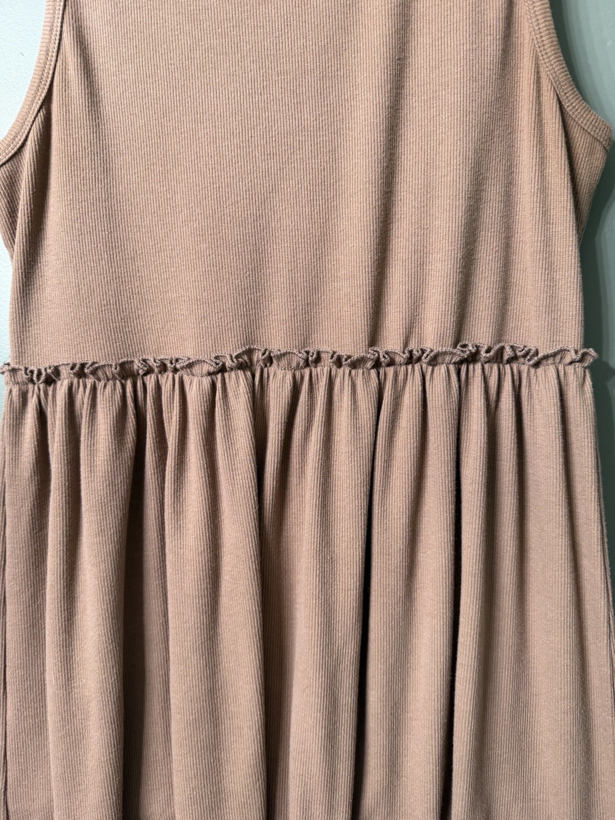 BTFBM Brown Ribbed Knit Round Neck Ruffle Waist Midi Sundress Sleeveless L