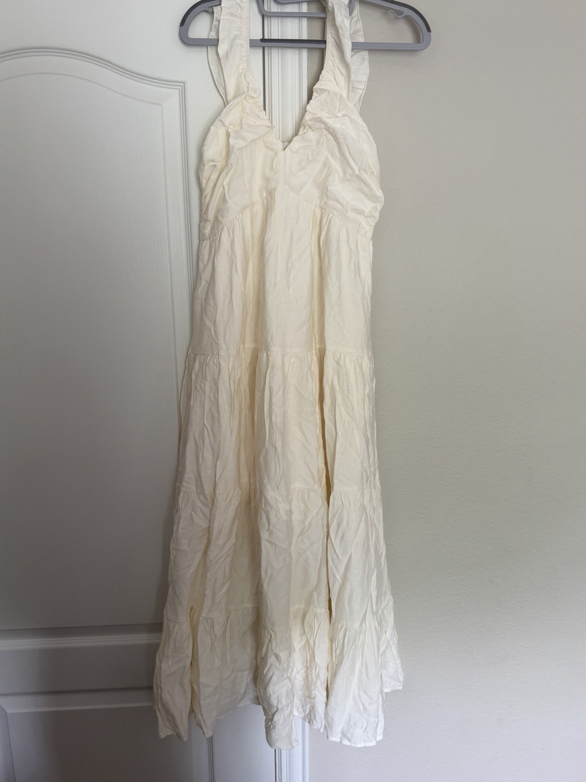 Cream Solid V-Neck Sleeveless Tiered Ruffle Maxi Dress Back Zip Womens M