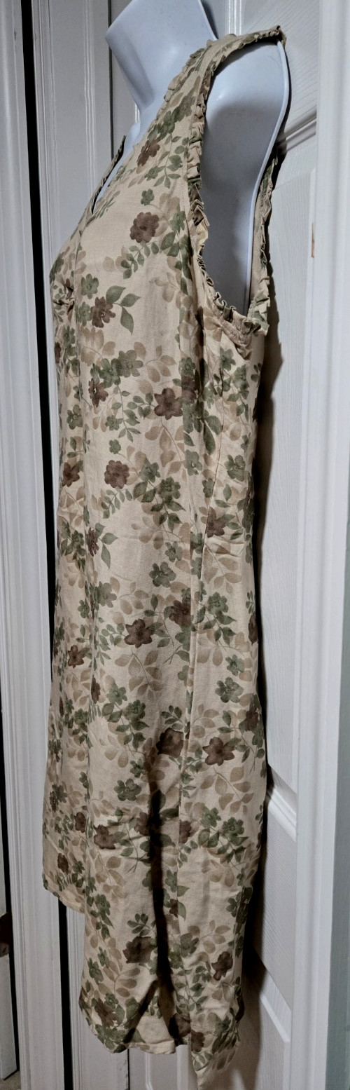Kathy Ireland Beige/Green Sleeveless Floral Linen Blend Dress;Ruffle V-Neck;Sz L
