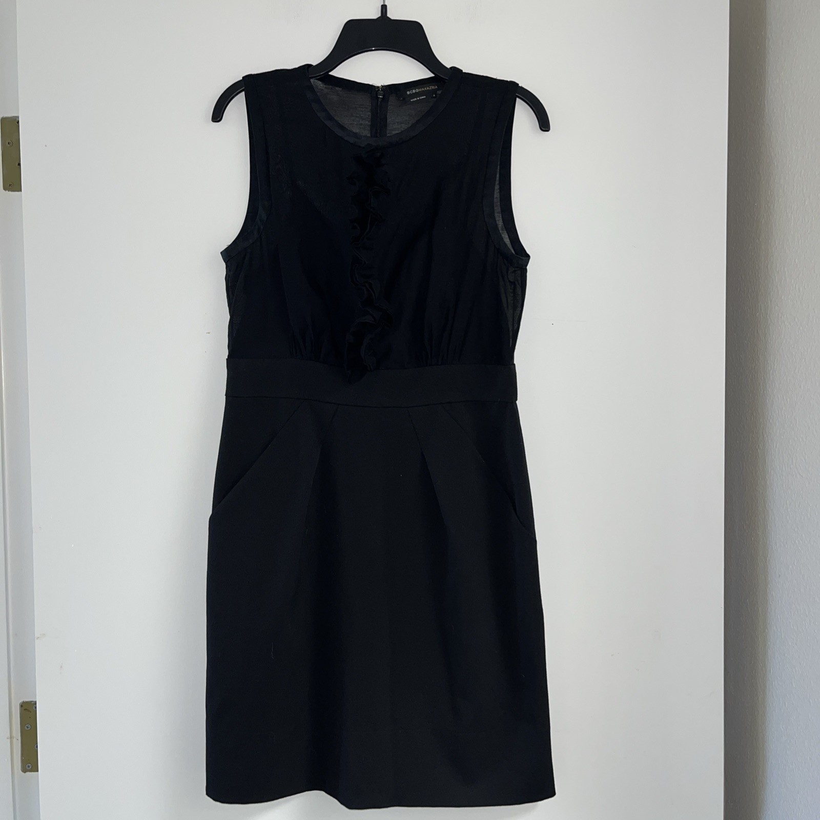 BCBG Maxazria Women’s Sleeveless Black Dress Size 8 Pockets Sheer Lined Top Zip