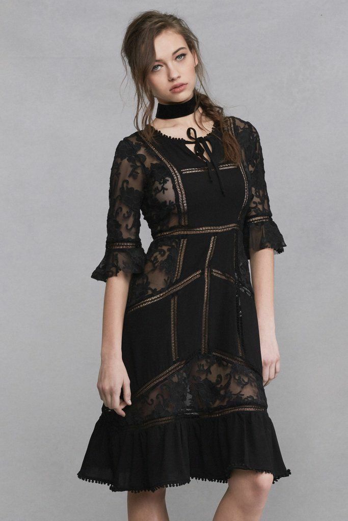 FOR LOVE & LEMONS Black Nude Lace Stripe Floral Embroidered LBD Dress S = 2/4