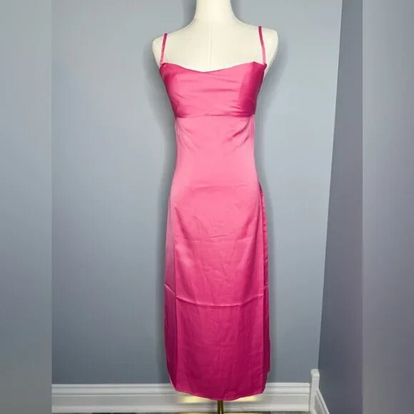 Size 12 Cowl Midi Satin Charmeuse Dress, Zipper Back, Hot Pink, We Wore What