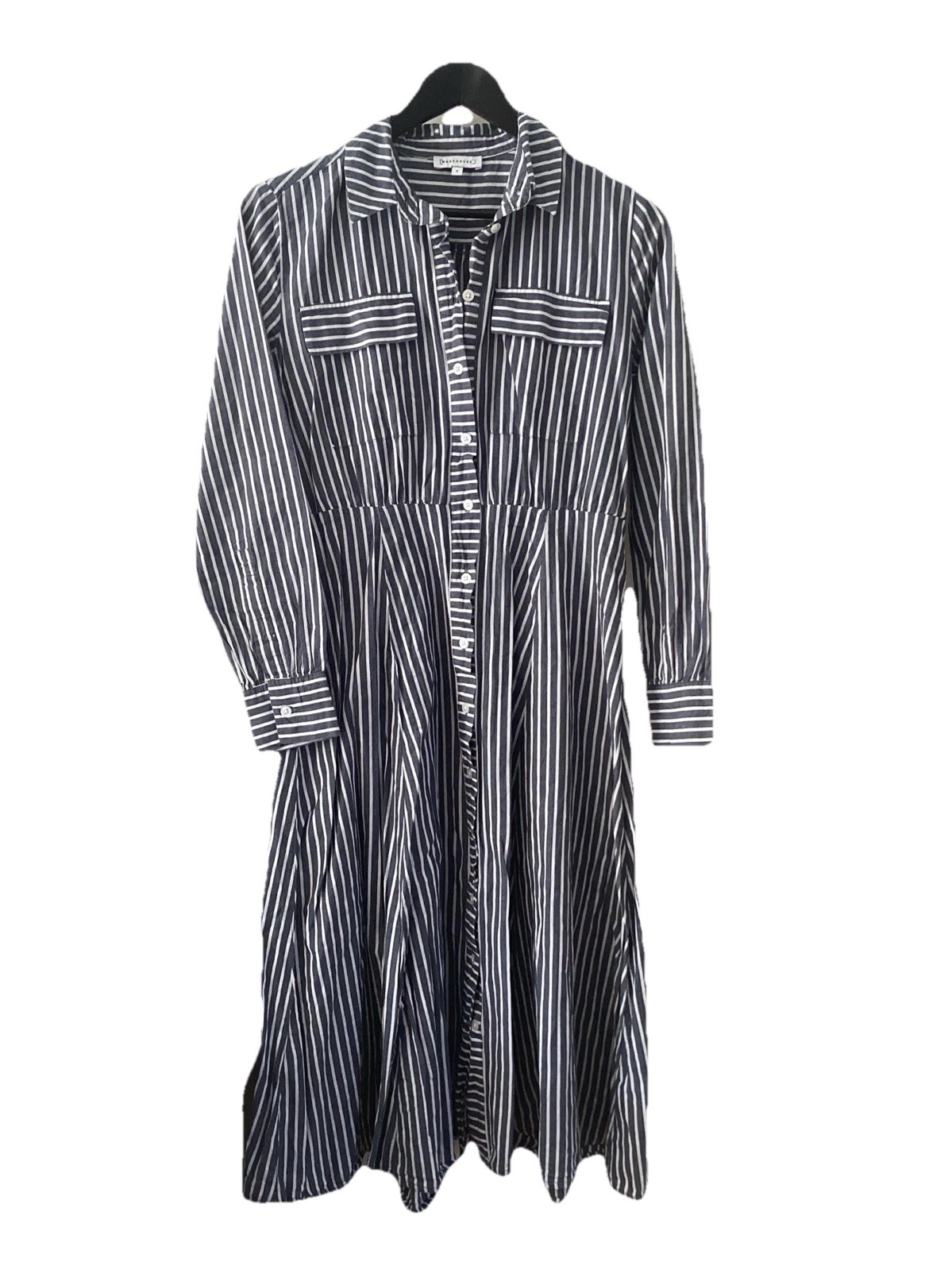 Warehouse Dress, UK Size 8, Grey & White Stripe Shirt Dress, Good Used Condition