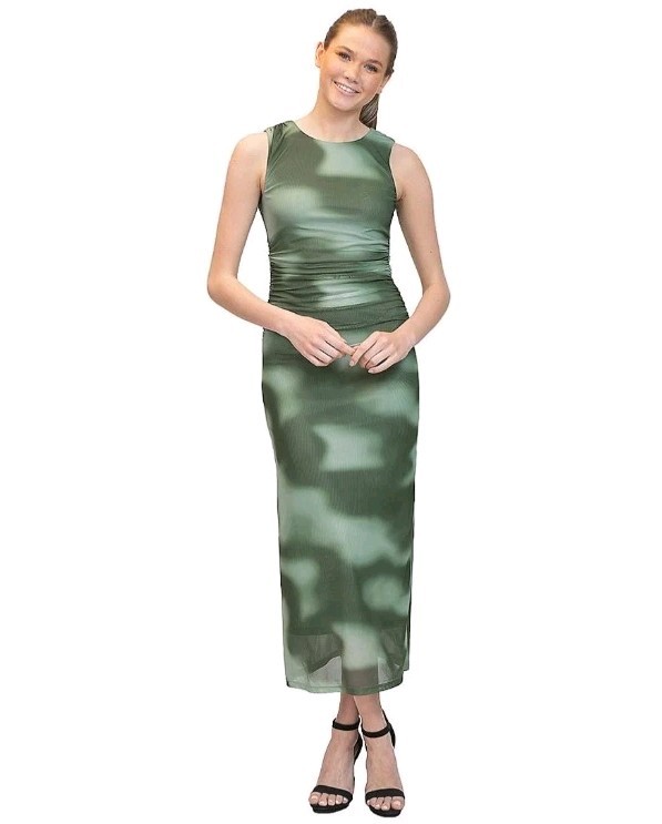 Madden Girl Bodycon Ruched Side Mesh Maxi Dress Green Lined Fitted Sz Small NWT