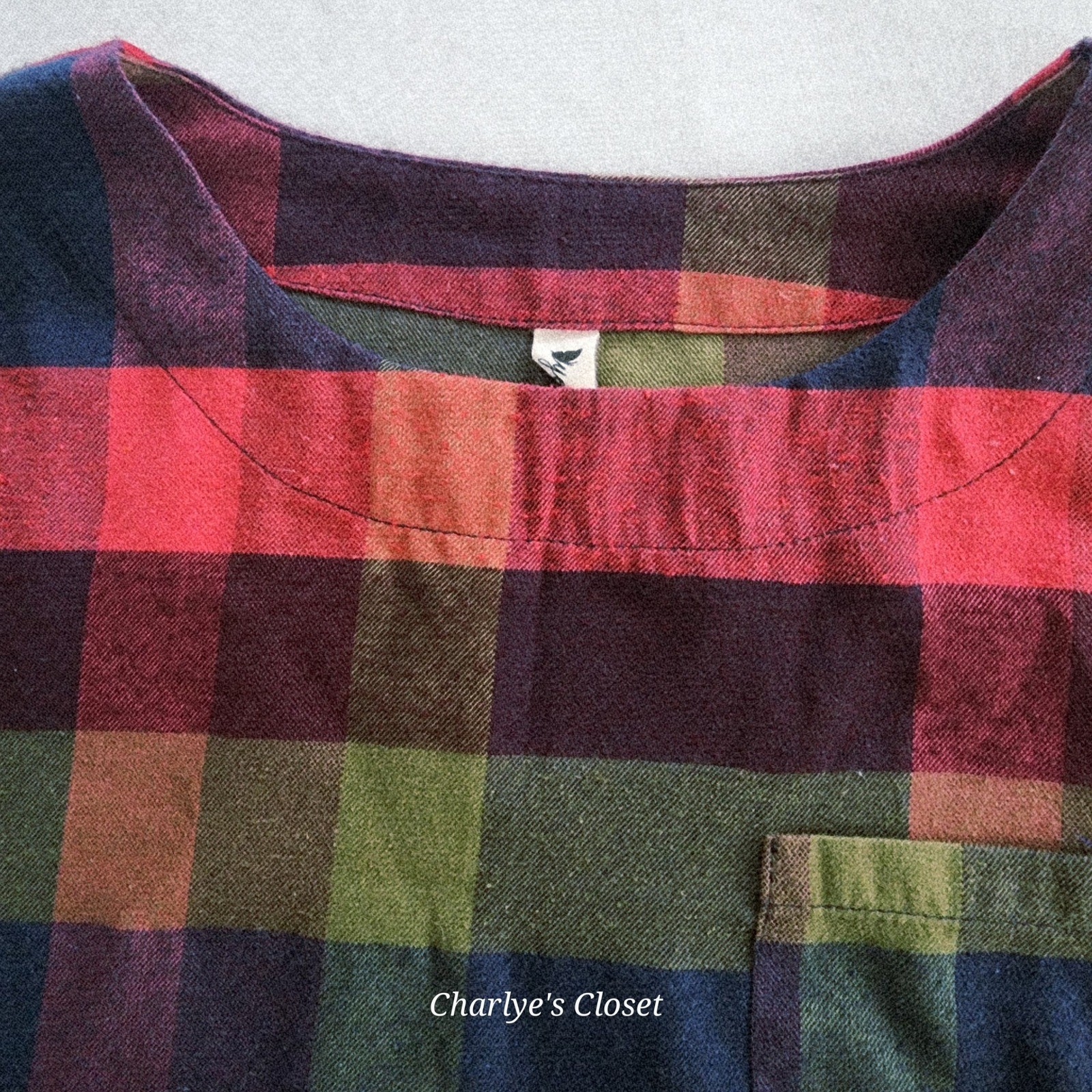 Vibrant Plaid Roll Tab Sleeve Pocket Casual Flannel-look Tunic Shirtdress Fits L