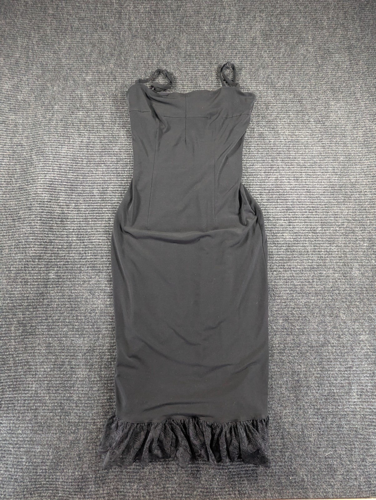 Moda International Bodycon Dress Womens Medium Black Lace Ruffle Hem Cocktail