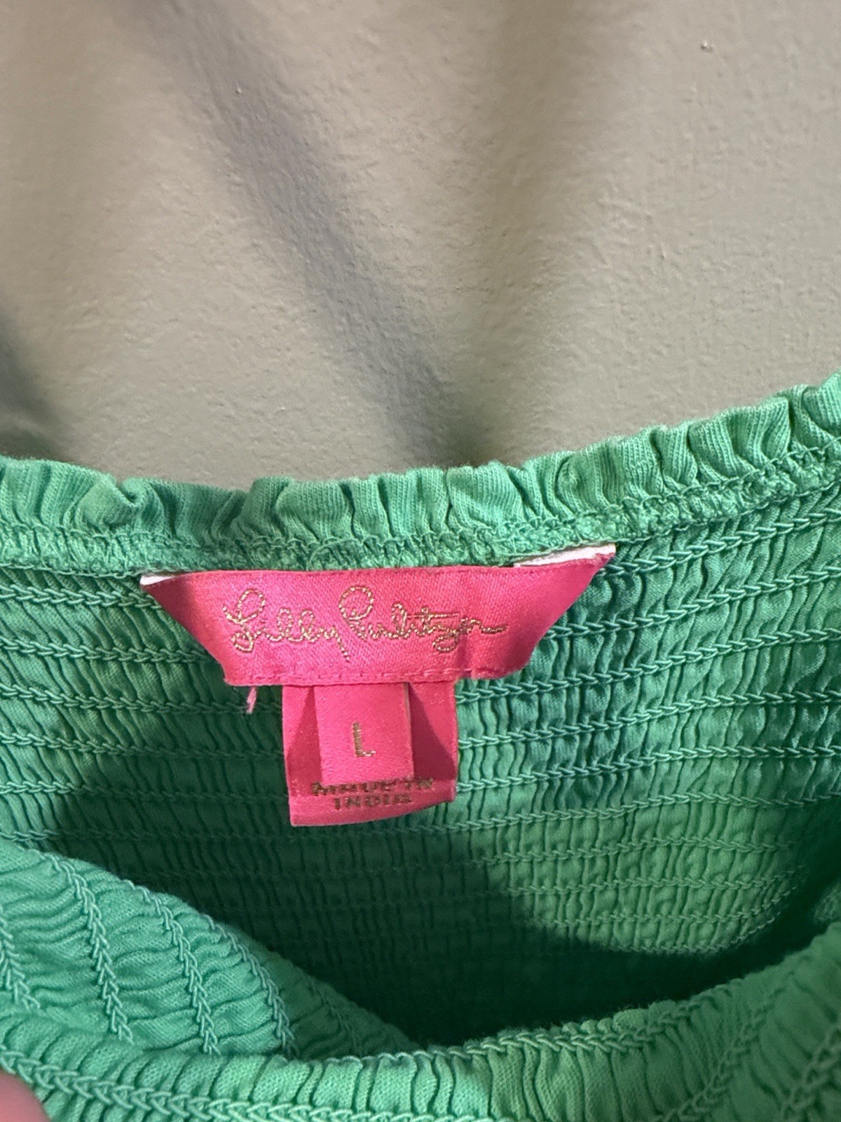 Lilly Pulitzer Green Smocked Square Neck Embroidered Pom-Pom Midi Sundress L