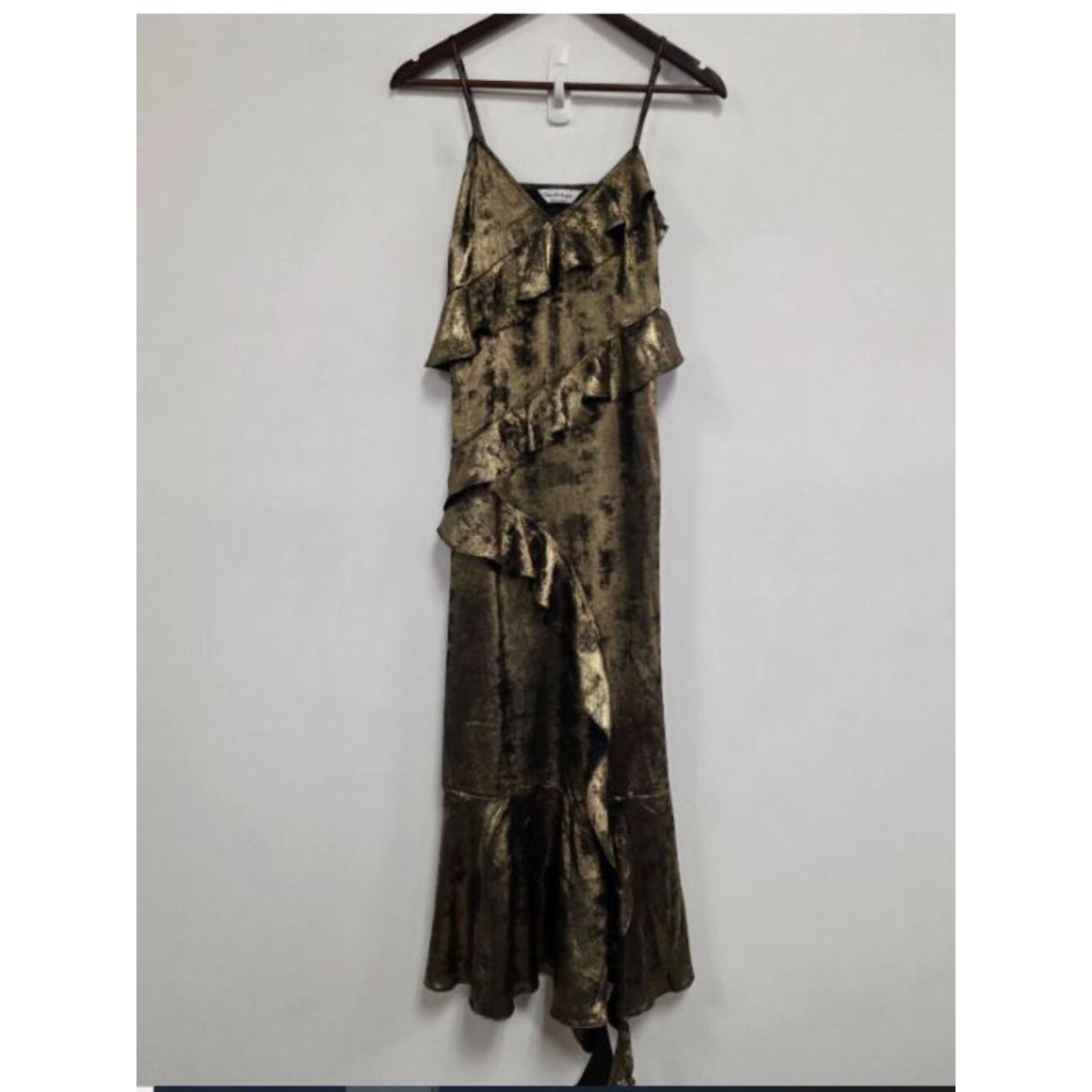 Miss Selfridge Y2K Asymmetrical Maxi Slip Dress 4 Metallic Gold Ruffle Cocktail
