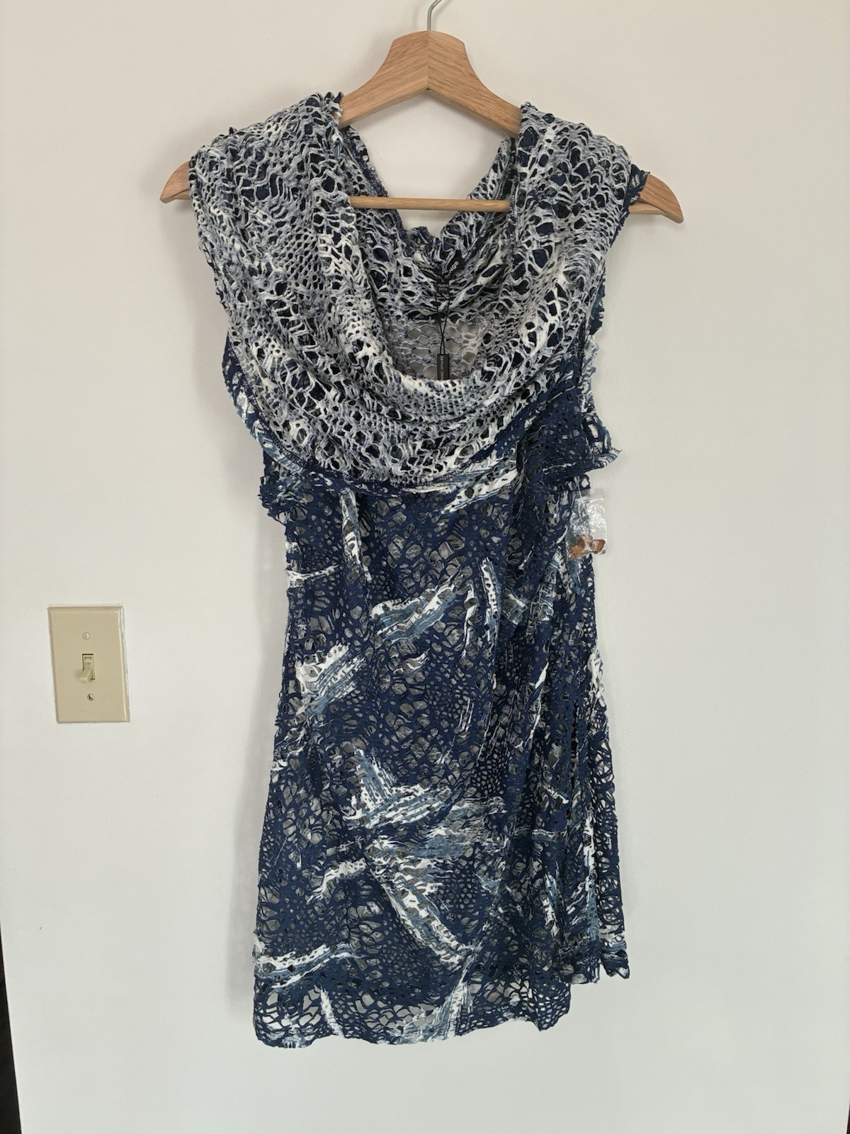 Samuel Dong Mini Dress Large Blue Open Knit Cowl Neck NWT Beach Coverup