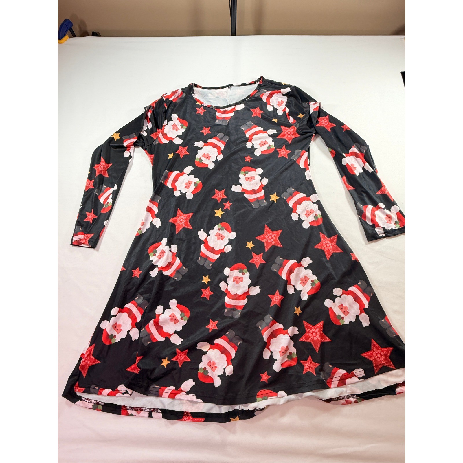 Christmas Santa Print Long Sleeve A-Line Dress Womens XL Black Red Holiday Star