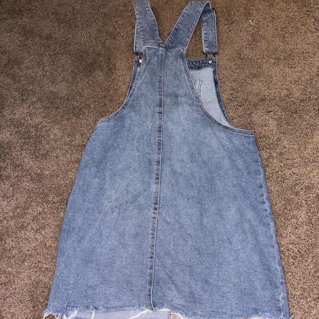 Women’s Blue Denim Overall Pinafore Mini Dress Bib Pocket Fringe Hem S