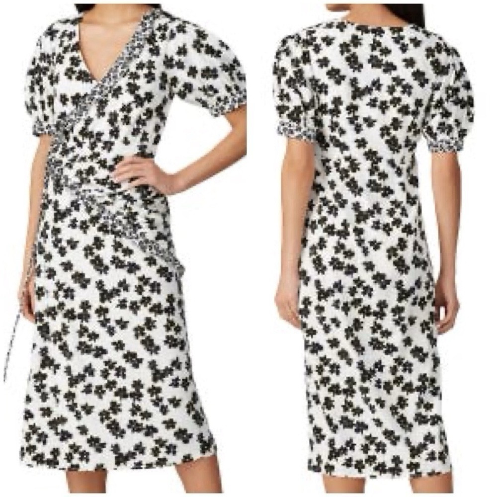 Love, Whit by Whitney Port V-Neck Black/White Floral Wrap Midi Dress Size Large