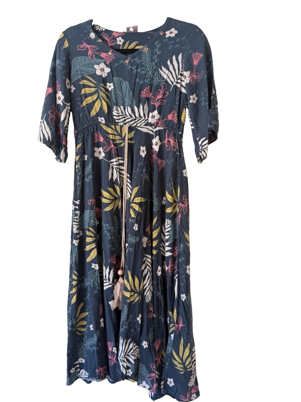 Neeru Kumar Midi Dress Size S Blue Floral Tropical Print 3/4 Sleeve Tassel Tie