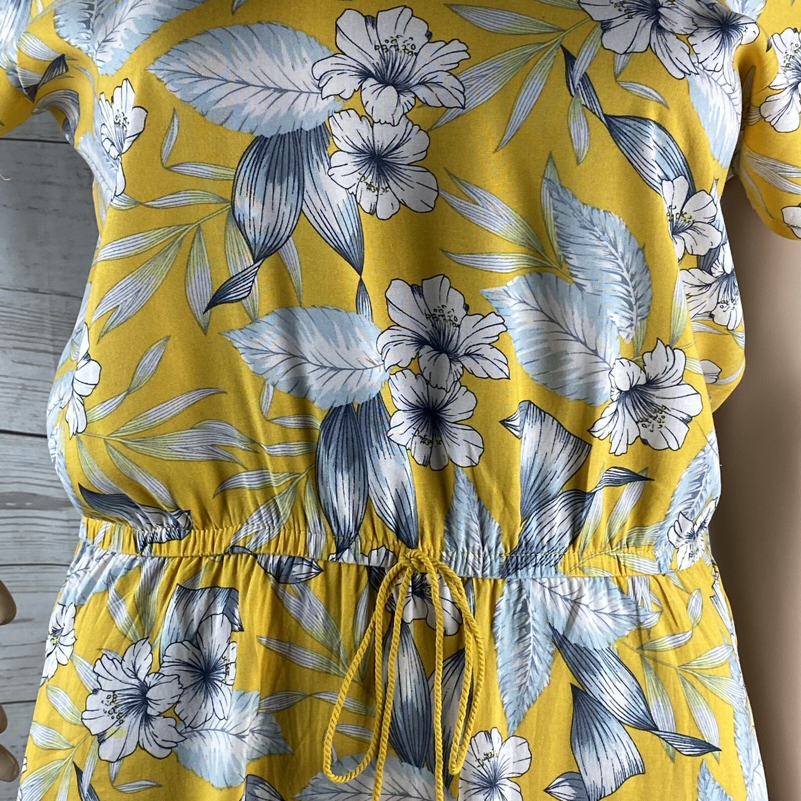 Island Haze Sundress Small Yellow Gray White Hibiscus Floral Hawaiian Dress Cute