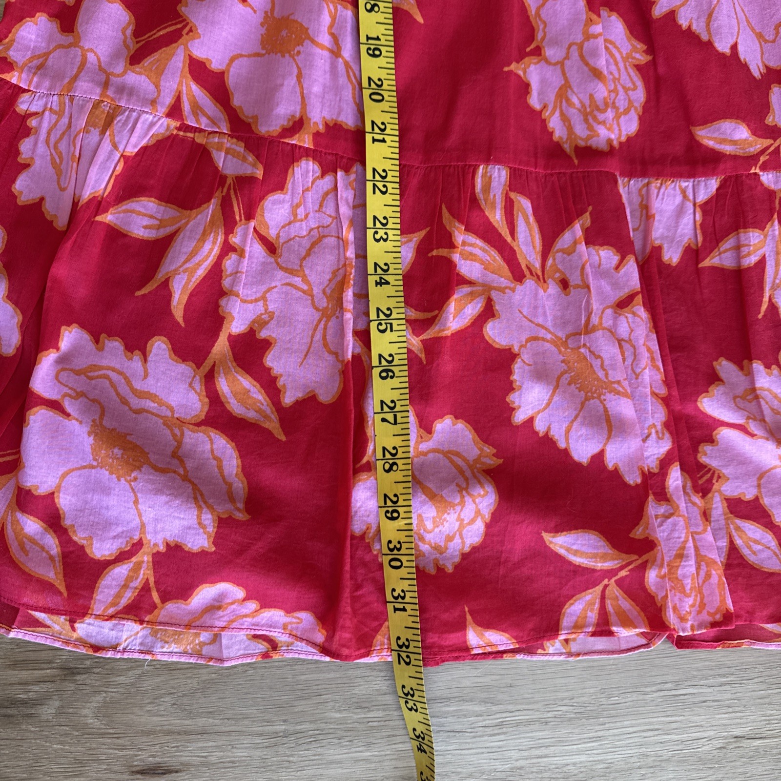 Olivaceous Red Orange And Pink Blossom Pattern Sleeveless Tiered Tunic Dress S