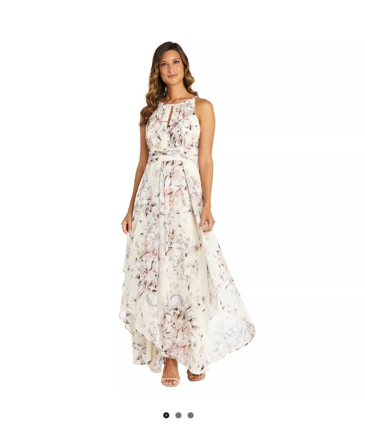 R&M Richards Women’s Size 14 Regular Ivory Pink Gray Floral Halter Maxi 9348