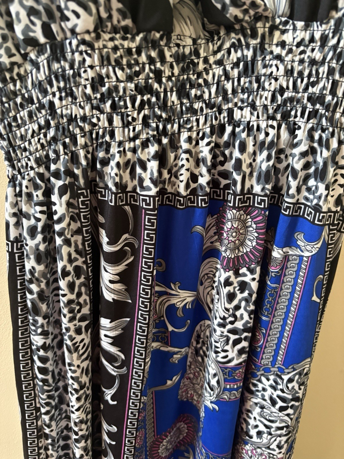 She’s Cool XL Blue Black White Maxi Dress V-Neck Sleeveless Smocked Animal Print